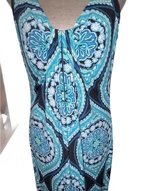 London Times Sleeveless Black Blue Green Medallion Print Dress